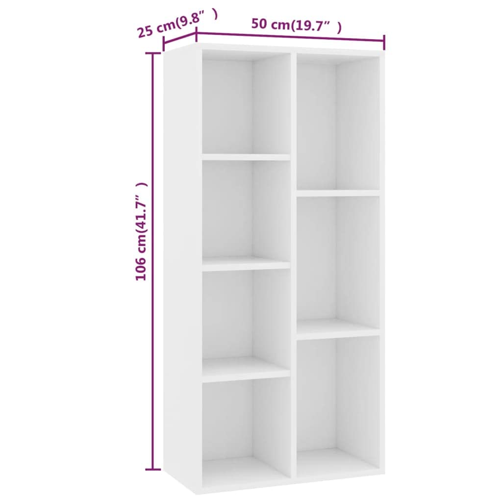 Libreria bianca, 50 x 25 x 106 cm, in legno con 7 ripiani, per soggiorno, ufficio, cameretta dei bambini, corridoio, organizer