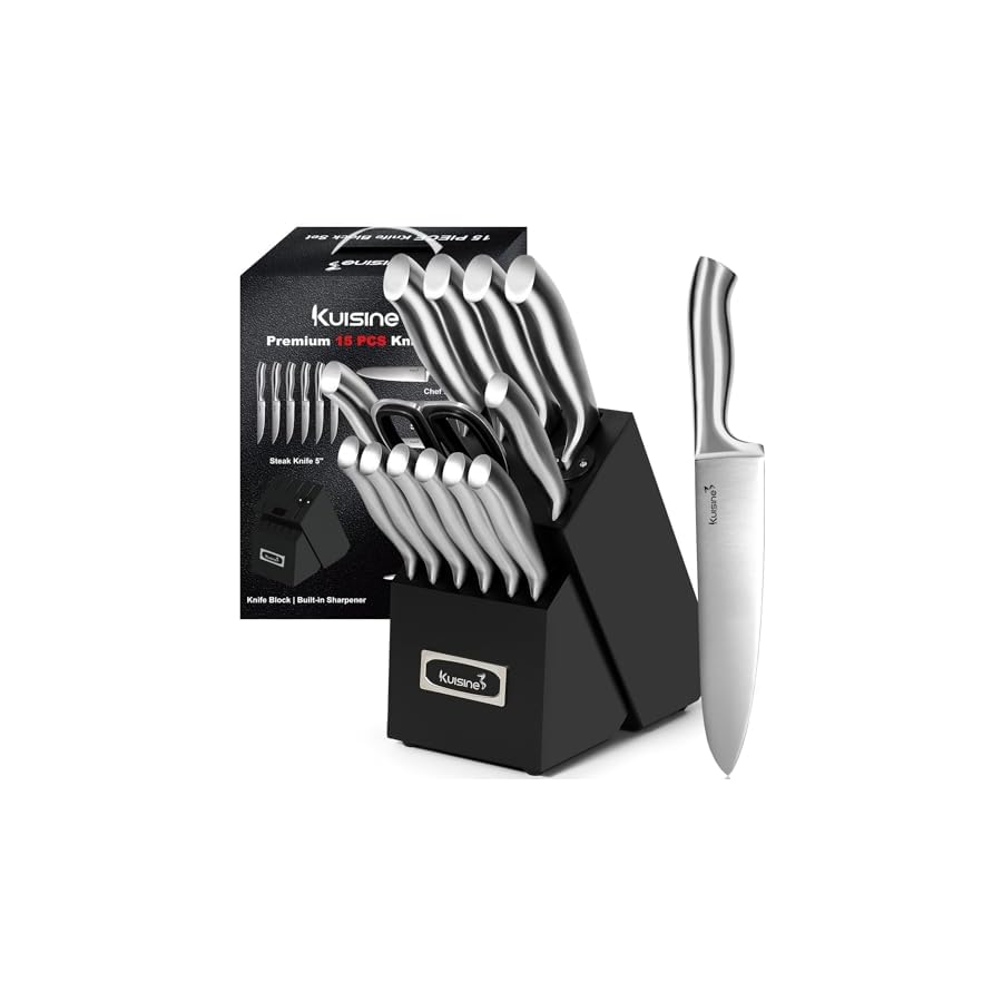 Kuisine-Premium-Knife-SetSharper-Blade-Ergonomic-Non-slip-HandleKitchen-Block-Knife-Set-Chef-Knife-Block-Set-with-Built-in-SharpenerBlack-15PCS Kuisine Sharp Knife Set,One-piece Molding Kitchen Knife Set,Sharper Blade Ergonomic Non-slip Steel Handle,Block Knife Set Chef Knife Set with Built-in Sharpener(Black,15PCS)