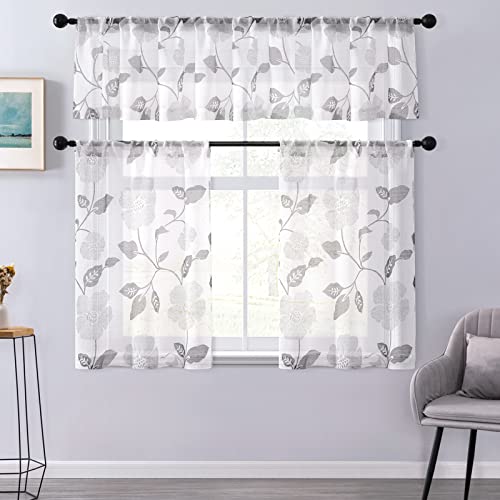 Cutewind Lime Grey Curtains For Bathroom 48 Inch Length,Floral Leaf Pattern Design,Rod Pocket Short Cafe Curtains Gray,Sheer Small Tier For Kitchen Set Of 2,Bedroom/Rv/Basement Window Treatment Decor #TOP5