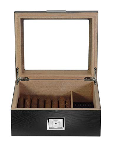 Cigar Humidor with Front Mounted Hygrometer and Humidifier, Cedar Lined Storage Box Holds 25-50 Cigars