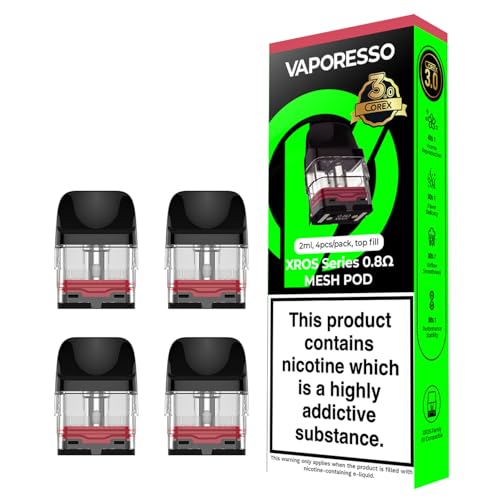 Vaporesso XROS Pod COREX 3.0 (0.8 OHM) Refillable Replacement Pods 4 Pack - Available in 0.4 0.6 0.8 1.0 1.2 - Compatible With Full Vaporesso XROS Vape Kit Range - No Nicotine
