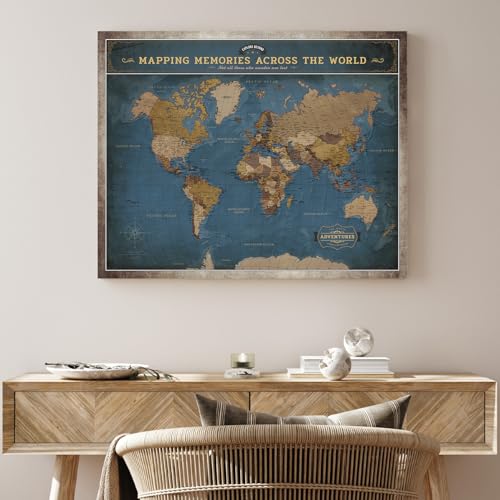 Image of DECORARTS - World Travel Map with Pins, Pin Board Canvas Wall Art, Modern Navy Blue Maps for Wall Decor, Giclee Print on Canvas, Handcrafted in USA, 20x16''