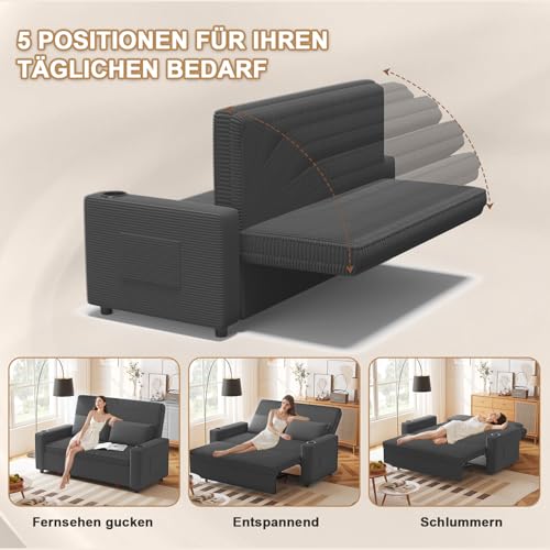 JUMMICO Schlafsofa 2 Sitzer klein Sofa mit Schlaffunktion Schlafcouch Ausziehbar mit Kissen Couch Cord-Bezug mit Getränkehalter Klappsofa Für Wohnzimmer Schlafzimmer,75 x 160 x 93 cm,Grau