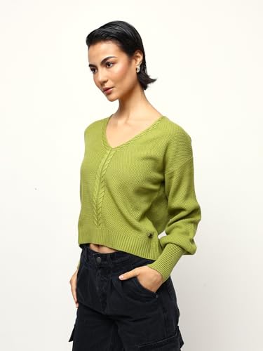 Image of High Star Women Knitted Acrylic Relaxed Fit V Neck Long Sleeve Sweaters