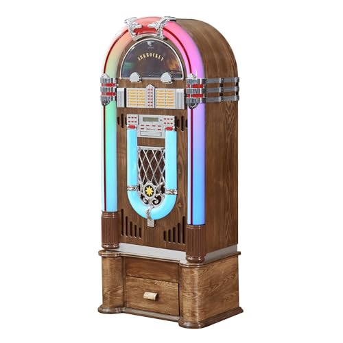 ARKROCKET Saturn V Jukebox with Stand • Vinyl Record Player • USB • SD • AUX • FM Radio • MP3 • CD Player • Rainbow LED Light Up • 50s Classic Style • Full Size Floor Standing Retro Style - Dark Oak