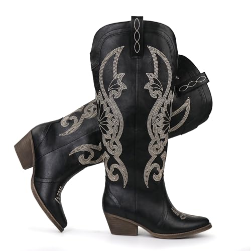 Image of Hawkwell Women's Cowboy Cowgirl Boots Slip On Pointed Toe and Block Heel Shoes with Classic Embroidered Pull On Tall Boot for Ladies Dress Western Knee High Boots