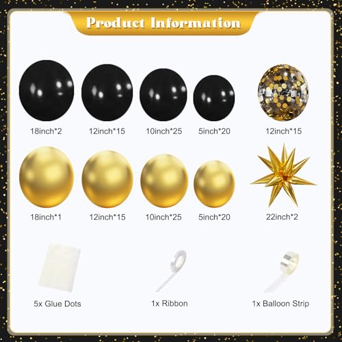 Black and Gold Balloon Garland Arch Kit, 140Pcs Black Gold Confetti Balloons with Stars for Birthday Graduation New Year Retirement Anniversary Wedding Engagement Party Decorations - Image 5