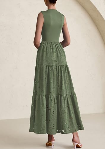 Image of PRETTYGARDEN Summer Dresses for Women 2026 Casual Eyelet Sleeveless Wedding Guest Maxi Dress Tank Top Sundress with Pockets
