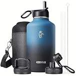 Coolflask 2 L Water Bottle Insulated with Straw & 3 Lids, Half Gallon Water Jug Large Metal Stainless Steel Wide Mouth, BPA-Free Keep Cold 48H Hot 24H, Samurai Cyan