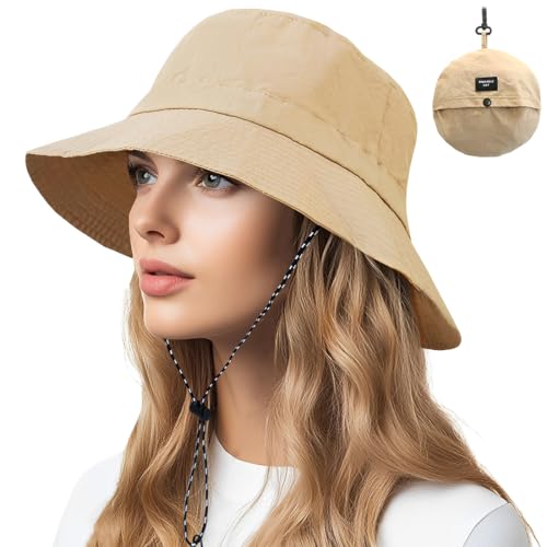 GGUFAY - GGUFAY Imperméable Pêche Chapeaux,Chapeau de pêcheur pour femme, Chapeau de Soleil Anti-UV Pliable en Nylon,Chapeau de Soleil pour Femme,pour Activités de Plein Air(Khaki)