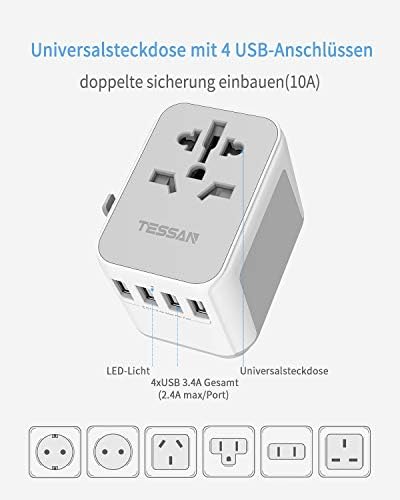 TESSAN Adapter Podróżny na Całym świecie, Uniwersalny Adapter do Gniazdka 2300 W z Gniazdem 4 USB i 1 AC, Wtyczka Podróżna do Niemiec USA Anglia Tajlandia Włochy Australia Międzynarodowy Zasilacz