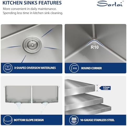 Sarlai 33 Undermount Sink Double Bowl - 33x19 Kitchen Sink Undermount Stainless Steel 16 Gauge Round Corner Double Bowl 50/50 Sink Basin