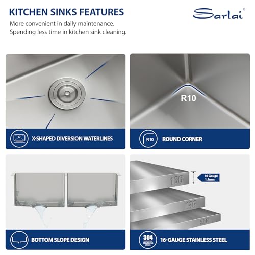 Sarlai 33 Undermount Sink Double Bowl - 33x19 Kitchen Sink Undermount Stainless Steel 16 Gauge Round Corner Double Bowl 50/50 Sink Basin