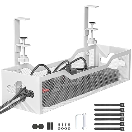 Image of Litwaro Under Desk Cable Management Tray White, No Drill Desk Cable Organizer with Clamp, 15 lbs Weight Capacity, Carbon Steel, Rectangular, Unfinished Metal Finish