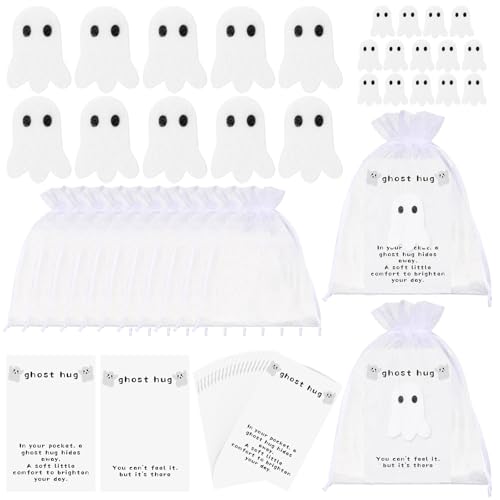LaRandom 24 Pack Ghost Pocket Hug Gifts Bulk Halloween Spooky Gifts Ghost Hug with Motivational Cards Organza Bags for Boo Basket Stuffers Halloween Party Favors Goodie Bag Fillers(White Classic)