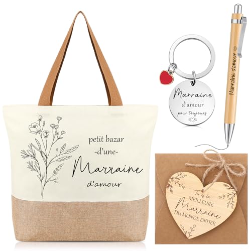 Xuniea Ensemble de 5 Pièces Cadeau pour Marraine Inclure Sac en Toile Porte-Clés Stylo à Bille Forme de Coeur Plaque Enveloppe Cadeau Marraine pour Noël Anniversaire Baptême Communion Demande Annonce