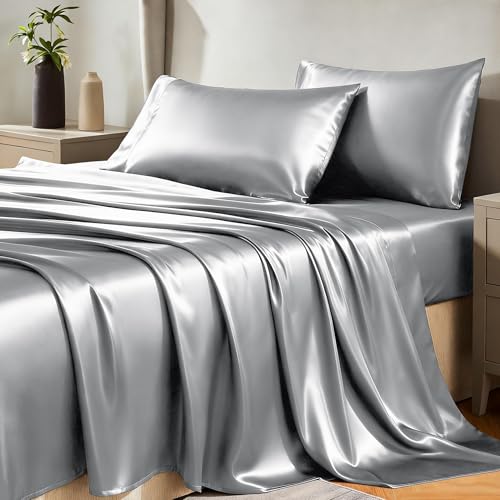 CozyLux Satin Sheets Queen Size Bed Set - 4 Piece Silky Queen Sheet Set, Luxury Light Grey Queen Sheets with Smooth and Soft Microfiber, Includes 1 Fitted Sheet, 1 Flat Sheet and 2 Pillowcases