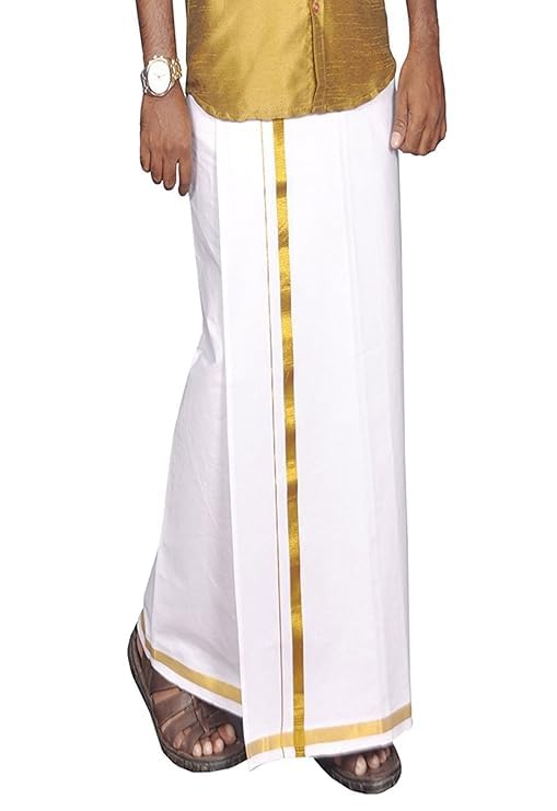 Bawełniane męskie białe bawełniane dhoti z obramowaniem jari, białe, 1,30 x 2,00 m, biały, 1.30X2.00 Mtrs
