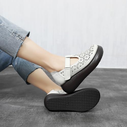 Women's Leather Hollow Platform Mary Janes Adjustable Hook and Loop T-Strap Casual Breathable Chunky Wedge Arch Support Pumps Comfortable Soft Soled Work Dress Dress Walking Shoes4