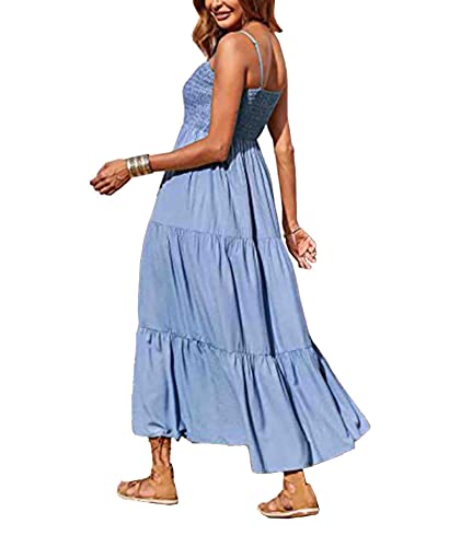 Image of Sexyshine Women's Square Neck Halter Lace Up Criss Cross Maxi Dress Tie Back Sleeveless Smocked Ruched A Line Dress