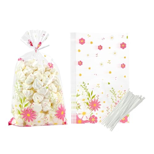 EKAPACKAGING 50Pcs 5x7 Inches Cellophane Treat Bags with Pink Ribbons, Pink Heart Pattern Gift Bags, Small Valentine's Day Goodie Bags for Candy, Marshmallow Pops, Cake Pops, Party Favors