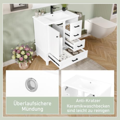 vutizal Weißer Badschrank 76x46cm – Waschtischunterschrank mit 3 geräuschlosen Schubladen, Keramikschale mit Stauraum