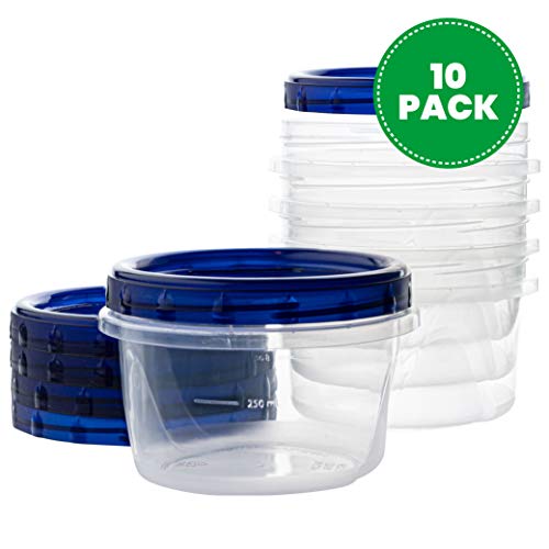 Plasticpro [16 Oz 10 Pack] Twist Top Deli Containers Clear Bottom With Blue Top Twist On Lids Reusable, Stackable, Food Storage Freezer Container #TOP1