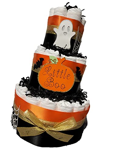 Little Boo Pumpkin Halloween Theme Diaper Cake - 3 Tier - Baby Shower Gift - Orange, Gold, Silver, Black Ghosts Spiders Bats and Pumpkins