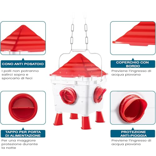 Easy Media set Mangiatoia 6 Kg e Abbeveratoio 8,5 L per Galline Polli Automatico, 4 porte, piedini, catene per appendere, antispreco, sistema a gravità - immagine 3