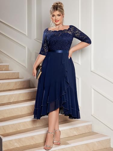 MISSMAY Women's Plus Size Floral Lace Boat Neck Ruffle Hem Chiffon Cocktail Party Sewing Dress4