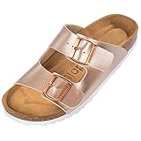  Palado Damen Pantoletten Korfu - Modische Sandalen mit 2 verstellbaren Riemen - Herren Hausschuhe mit Sohle aus feinstem Veloursleder und Natur Kork-Fussbett Metallic Rose 37 EU
