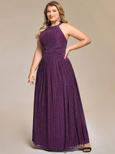Image of Ever-Pretty Plus Women's Floor Length A-Line Halter Sleeveless Pleated Glitter Plus Size Formal Dress Evening Gown