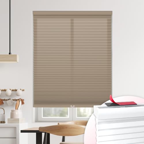 DEZ FURNISHINGS EZ Stick No Drill No Tools Cordless 1.5" Light Filtering Cellular Shade, 41.5" W x 48" H, Latte