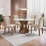 Conjunto Mesa Barcelona 100cmx100cm 4 Cadeiras Espanha Tampo Slim Plus Redondo Vidro Yescasa Chocolate/Off White/Bege Claro