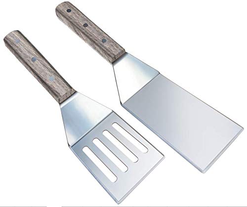 MarMmy 2 Pack Metal Griddle Walnut Spatula Turner Set Stainless Steel Wooden Handle
