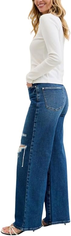 Judy Blue High Waist Rigid Magic Column Straight Jeans – Destructed Dark Wash with Adjustable Waist Tabs, 33” Inseam