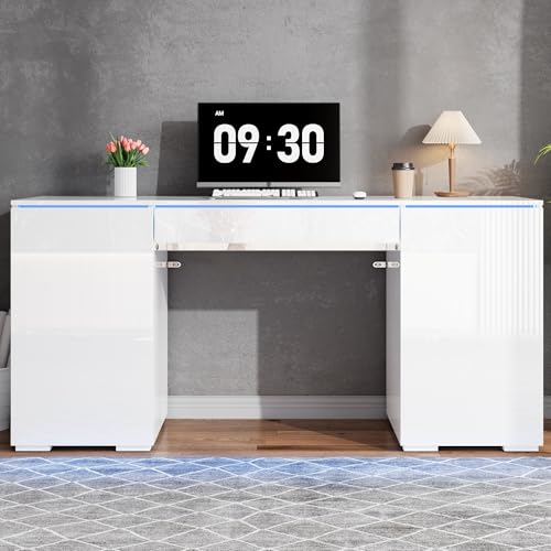 luckdect Bureau 140x50cm Brillant avec LED–Grande Surface de Travail,1 tiroir et 2 Portes,Bureau Informatique Moderne et Coiffeuse avec Rangement,Blanc laqué