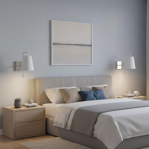 Image of Swing Arm Wall Lamps Set of 2, Fabric Linen Shade, Hardwired Wall Mounted Light Fixture for Bedside, Living Room, Bathroom, Versatile Home Decor (Brushed Nickel)