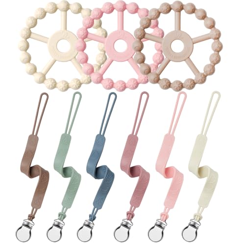 Image of 3 Silicone Ring Teether and Pacifier Clip, Seposeve Pack of 6 Baby Pacifier Teether Clip for Babies 0-6 Months, Teething Ring Toys, Keeps Teethers Clean, 6-12 Months 12-24 Months