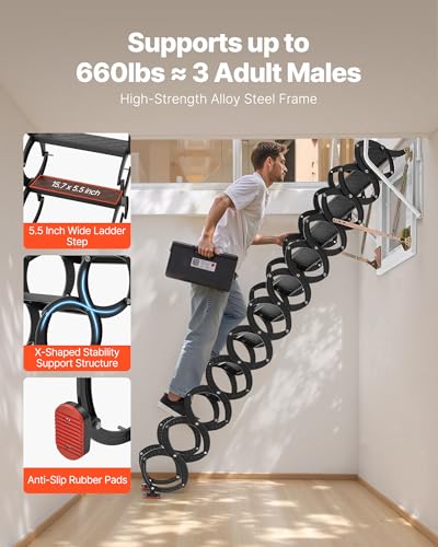 Image of VEVOR Attic Ladder Wall-Mounted, 660LBS /299.4KG Capacity, Fits 9.5 to 10 ft Ceiling Height, 12-Step Steel Folding Stairs with Handrails, Pull Down Attic Ladders for Attics, Garages, Roofs, Basements