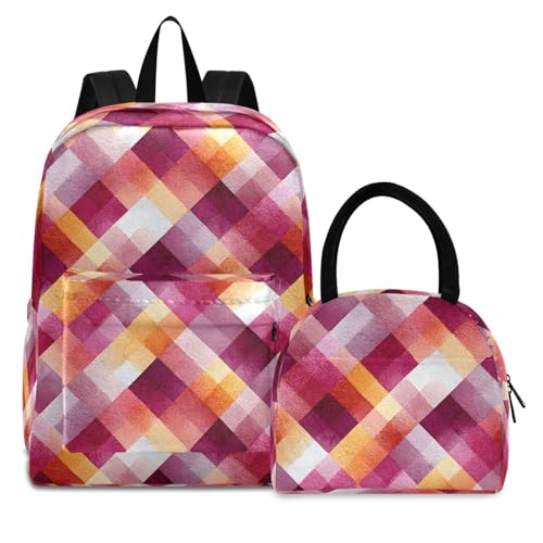 Red Plaid Print Backpack Set with Lunch Bag, Large Capacity Travel Backpacks and Lunch Box Insulated for Commute Hiking Picnic