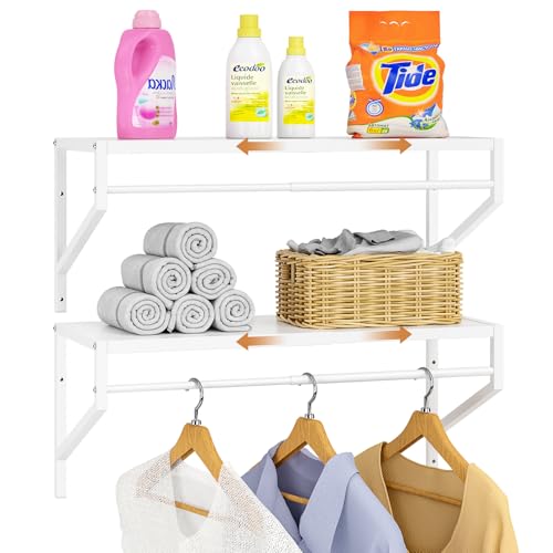 ThreeHio 2 Pack Expandable Laundry Room Shelves with Hanging Rod Over Washer and Dryer Shelves Wall Mounted Metal Shelving Utility Floating Wall Shelf for Laundry Closet Organizers and Storage