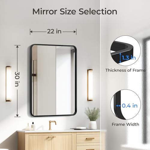 Image of USHOWER Black Bathroom Mirror for Over Sink 22 x 30 Inch, Matte Black Rectangle Mirror for Wall, Rounded Metal Frame Vanity Mirror