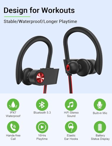 Stiive Bluetooth Headphones, 5.3 Wireless Sports Earbuds IPX7 Waterproof with Mic, Stereo Sweatproof in-Ear Earphones, Noise Cancelling Headsets for Gym Running Workout, 16 Hours Playtime - BlackRed - Thumbnail 2