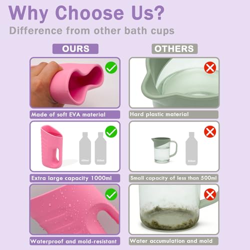 Image of Babylush Baby Bath Rinse Cup & Rinser - 1000ml Soft EVA, 0.3lb Lightweight, BPA-Free Bath Water Pourer, Baby Bath Pitcher, Shower Cup for Kids (Pink)