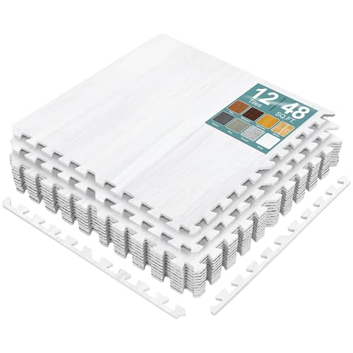 Sorbus Interlocking Wood Grain Foam Floor Tiles (12 Pack, White)