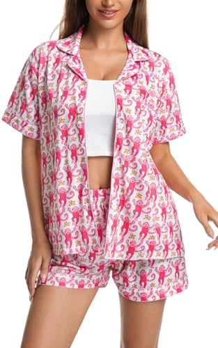 Image of Womens Pajamas Set Shorts Button Down 2 Piece Monkey Bunny Y2k Roller Dupes Rabbit Preppy Lounge Pjs Comfy Sleep Wear