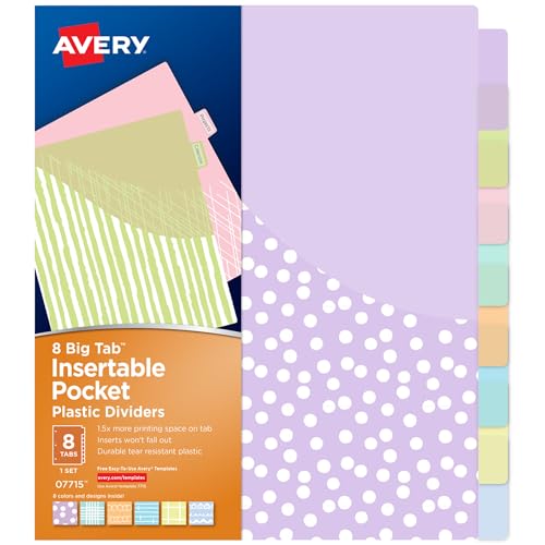 Avery Insertable Pocket Dividers for 3 Ring Binders, 8 Tabs, Pastel Big Tabs, Classic Patterns, Expands Beyond Sheet Protectors, Great for Organizing Reports and More (07715)