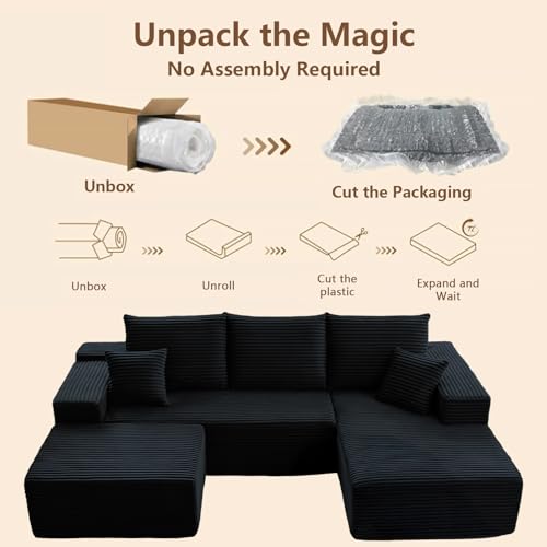 Image of 107 inch Modular Sectional Sofa with Ottoman, Modern Corduroy Cloud Couch with Deep Seat, Boneless Couch Upholstered 3-Seater U-Shaped Sofa for Living Room, No Assembly (Black, Right-Facing Chaise)