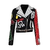 Kanpcelns Frauen Graffiti Rivet Beading Pu Ledermäntel Bedruckte Lederjacke Punkrock Cropped Jacket black L